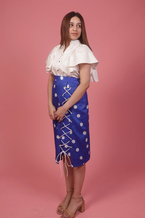 Blue Polka Skirt With Ruffle White Top